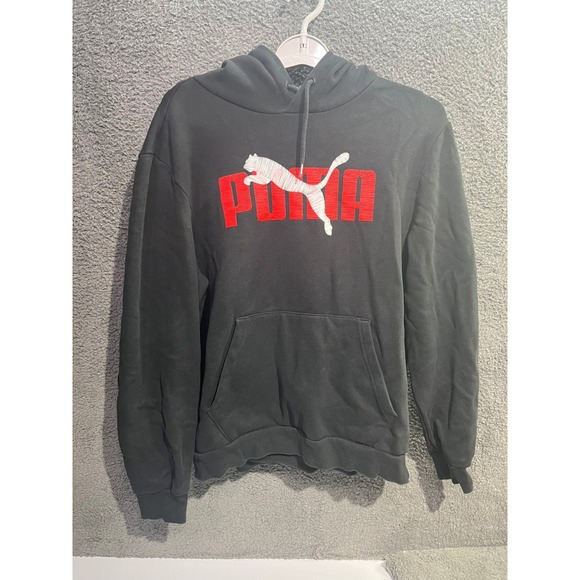 Puma Hoodie Mens Large Black Red Logo Embroidered Pullover Sweatshirt Casual - Picture 1 of 5